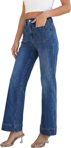 Women's Wide Leg Jeans Trendy High Rise Straight Leg Jeans for Women Stretchy Pockets Bootcut Denim Pants in Saudi Arabia