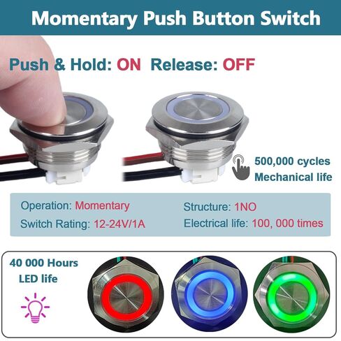 2pcs 19mm Ultra Short Metal Momentary Push Button Switch Super Short with Pre-Wired Cable 12V-24V (ON)-Off 4Pins 1NO 3/4" Mounting Hole Halo Ring LED (Silver Shell Red Light) in Saudi Arabia
