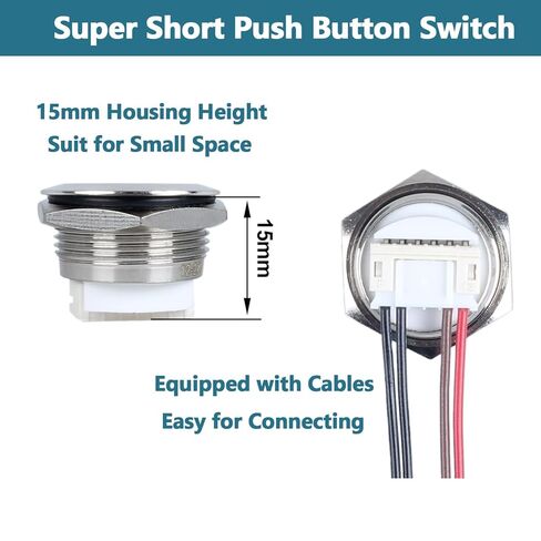 2pcs 19mm Ultra Short Metal Momentary Push Button Switch Super Short with Pre-Wired Cable 12V-24V (ON)-Off 4Pins 1NO 3/4" Mounting Hole Halo Ring LED (Silver Shell Red Light) in Saudi Arabia