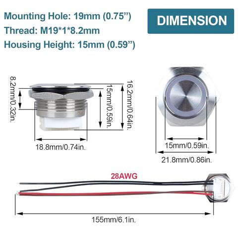 2pcs 19mm Ultra Short Metal Momentary Push Button Switch Super Short with Pre-Wired Cable 12V-24V (ON)-Off 4Pins 1NO 3/4" Mounting Hole Halo Ring LED (Silver Shell Red Light) in Saudi Arabia
