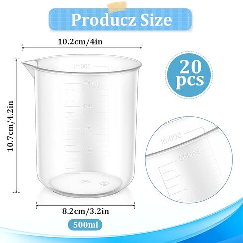 20 Pack Plastic Beakers 500 ml Graduations, 17oz Transparent Measuring Cup, Epoxy Mixing Cups, Plastic Graduated Cup, Premium Polypropylene, for Liquid Measuring in Saudi Arabia