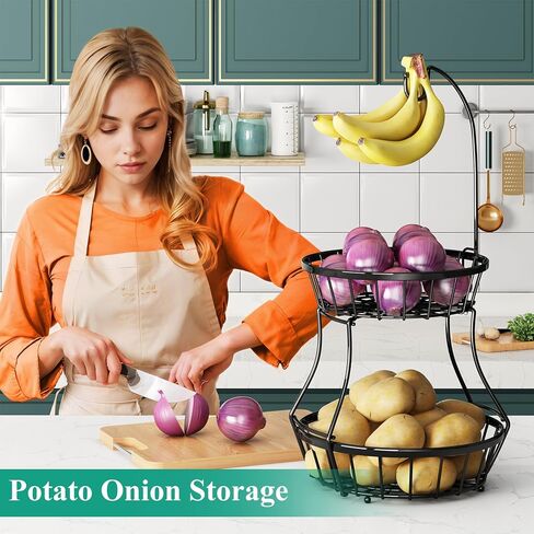 SAYZH وعاء سلة فواكه مكون من طبقتين لتخزين الخضروات قابل للتكديس مع حامل شماعات شجرة الموز لكونترتوب المطبخ، وسلة سلكية معدنية للخبز والبصل والبطاطس باللون الأسود in Kuwait