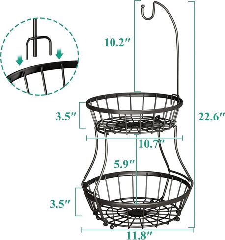 SAYZH وعاء سلة فواكه مكون من طبقتين لتخزين الخضروات قابل للتكديس مع حامل شماعات شجرة الموز لكونترتوب المطبخ، وسلة سلكية معدنية للخبز والبصل والبطاطس باللون الأسود in Kuwait