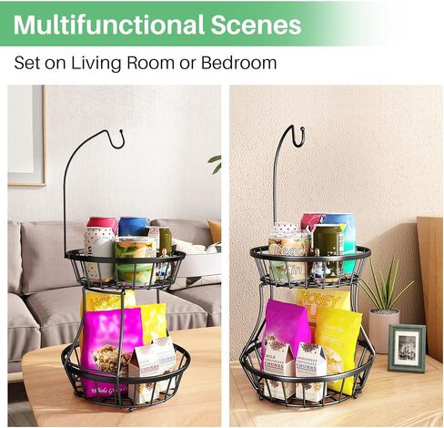 SAYZH وعاء سلة فواكه مكون من طبقتين لتخزين الخضروات قابل للتكديس مع حامل شماعات شجرة الموز لكونترتوب المطبخ، وسلة سلكية معدنية للخبز والبصل والبطاطس باللون الأسود in Kuwait