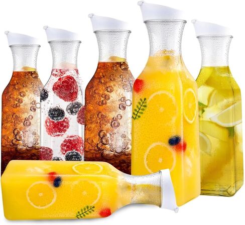 Set of 4 Plastic Carafe with Lid, 50 Oz Carafes for Mimosa Bar, Square Base Juice Containers, Water Bottle, Milk Container, Clear Beverage Containers for Fridge- HAND WASH ONLY in Saudi Arabia