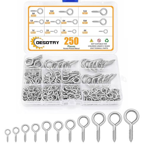 250 Pcs Eye Screws, 9 Size Heavy Duty Screw Eye Hooks,0.75"-1.75" Eye Hooks Screw,Silver Self Tapping Screw Hooks Ring for Picture Frame,DIY, Arts & Crafts Projects in Saudi Arabia