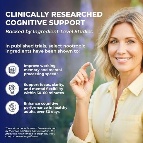 مكمل حيوي منشط الذهن 12 في 1 للذاكرة والتركيز ودعم الطاقة - إل-تيروزين، باكوبا، رهوديولا، كافيين، فيتامينات ب - كبسولات التوازن المعرفي للرجال والنساء - كمية تكفي لمدة 30 يومًا in Kuwait