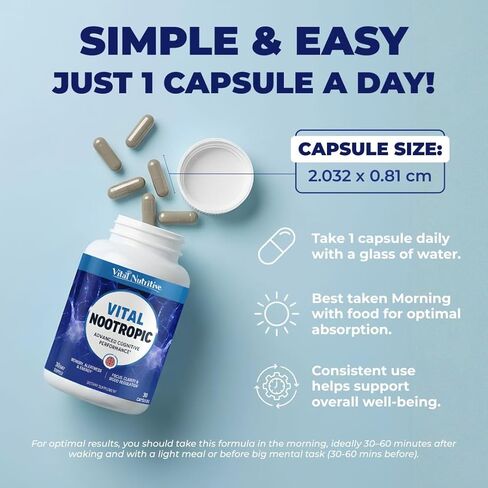 مكمل حيوي منشط الذهن 12 في 1 للذاكرة والتركيز ودعم الطاقة - إل-تيروزين، باكوبا، رهوديولا، كافيين، فيتامينات ب - كبسولات التوازن المعرفي للرجال والنساء - كمية تكفي لمدة 30 يومًا in Kuwait