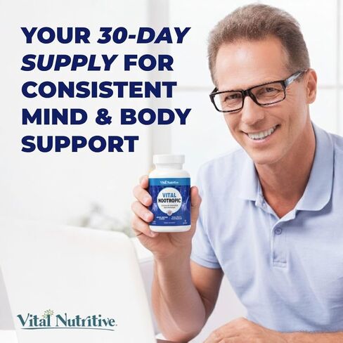 مكمل حيوي منشط الذهن 12 في 1 للذاكرة والتركيز ودعم الطاقة - إل-تيروزين، باكوبا، رهوديولا، كافيين، فيتامينات ب - كبسولات التوازن المعرفي للرجال والنساء - كمية تكفي لمدة 30 يومًا in Kuwait