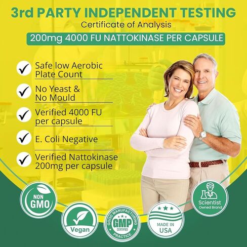 Nattokinase 4000 Fu 200mg - Vegan No Stearates Gluten Free - Pure Natural Blood Thinner & Blood Flow Supplement - 100 Capsules / 100 Days Supply in Kuwait