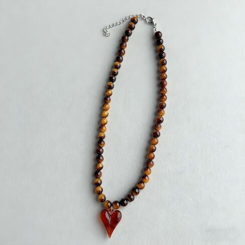 Chunky Heart Choker Necklace for Women Vintage Punk Acrylic Leopard Print Statement Collar Choker Amber Resin Beads Chain Love Necklace Trendy Fashion Party Birthday Holiday Jewelry Gift in Saudi Arabia