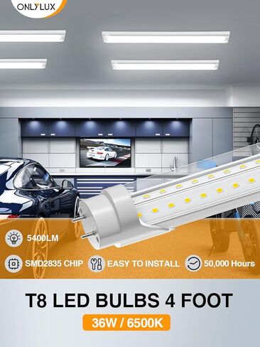مصابيح LED ONLYLUX T8 بطول 4 أقدام 6500 كيلو 36 وات 5400 لومن، لمبة LED فائقة السطوع لضوء النهار بطول 4 أقدام، استبدال ضوء الفلورسنت، مصابيح إضاءة LED T8 4 بوصات تجاوز الصابورة لمستودع مرآب ورشة العمل 20 حزمة in Kuwait