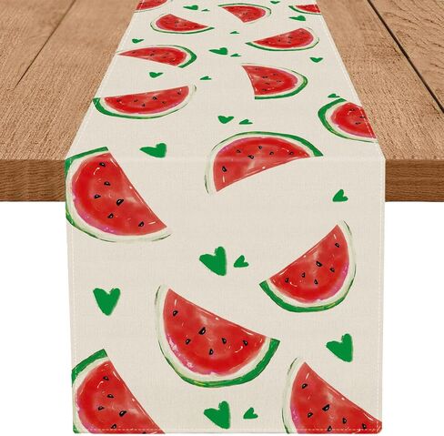 Summer Table Runner Watermelon Green Heart Burlap Table Decoration Holiday Home Party Kitchen Dining Table Supplies 13x72 Inch in Saudi Arabia