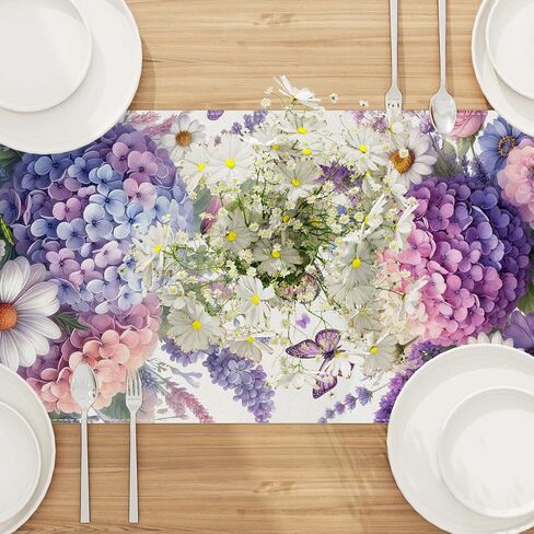Hydrangea Flowers Spring Table Runner 13x72 Inch Spring Summer Easter Decorations and Supplies for Home Kitchen Dining Room Table Decor in Kuwait