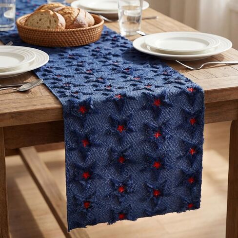 Moukeren 3D Star Jacquard 4th of July Table Runner Decorations 13x72 Inch Faux Fur Plush Patriotic Table Runner for Independence Day, 250th Anniversary, USA Flag Stars Pattern Cover for Home Party in Saudi Arabia