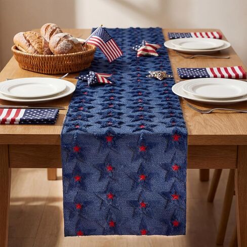 Moukeren 3D Star Jacquard 4th of July Table Runner Decorations 13x72 Inch Faux Fur Plush Patriotic Table Runner for Independence Day, 250th Anniversary, USA Flag Stars Pattern Cover for Home Party in Saudi Arabia