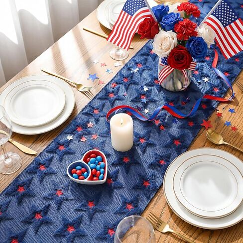 Moukeren 3D Star Jacquard 4th of July Table Runner Decorations 13x72 Inch Faux Fur Plush Patriotic Table Runner for Independence Day, 250th Anniversary, USA Flag Stars Pattern Cover for Home Party in Saudi Arabia