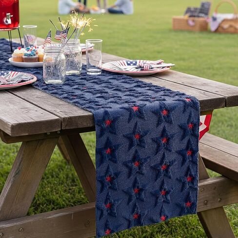 Moukeren 3D Star Jacquard 4th of July Table Runner Decorations 13x72 Inch Faux Fur Plush Patriotic Table Runner for Independence Day, 250th Anniversary, USA Flag Stars Pattern Cover for Home Party in Saudi Arabia