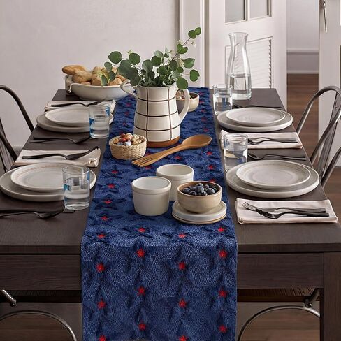 Moukeren 3D Star Jacquard 4th of July Table Runner Decorations 13x72 Inch Faux Fur Plush Patriotic Table Runner for Independence Day, 250th Anniversary, USA Flag Stars Pattern Cover for Home Party in Saudi Arabia