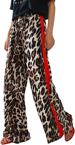 Cheetah Pants Women Side Striped High Waisted Wide Leg Lounge Pants Streetwear Drawstring Leopard Print Pants in Saudi Arabia