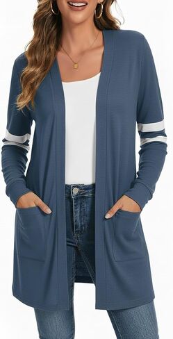 Lightweight Cardigan for Women Long Sleeve Fall Cardigans with Pockets Open Front Sweater with Striped Sleeve in Saudi Arabia