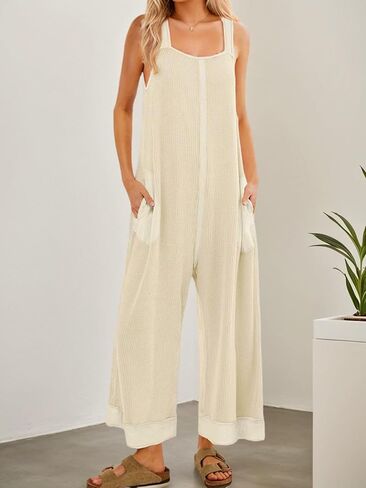 Women’s Casual Waffle Knit Jumpsuits Sleeveless Summer One Piece Outfits Overalls Cute Wide Leg Rompers in Saudi Arabia