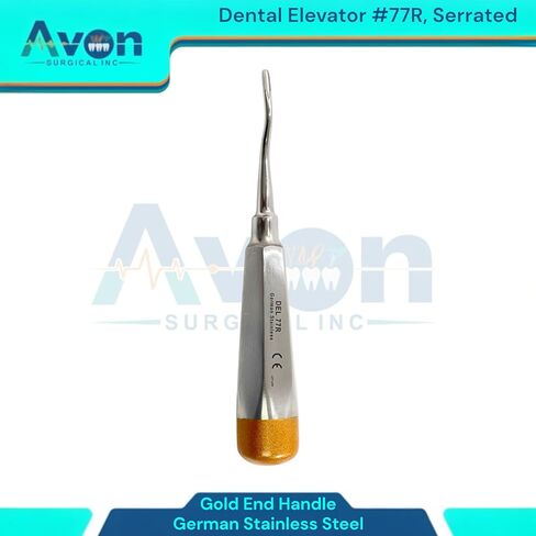قطعة واحدة - رافعات لاستخراج جذر الأسنان، طرف مسنن ذو إزاحة طفيفة، مقبض مجوف ذو نهاية ذهبية - أدوات طب الأسنان المريحة والآمنة للأوتوكلاف (رقم 77R) in Kuwait