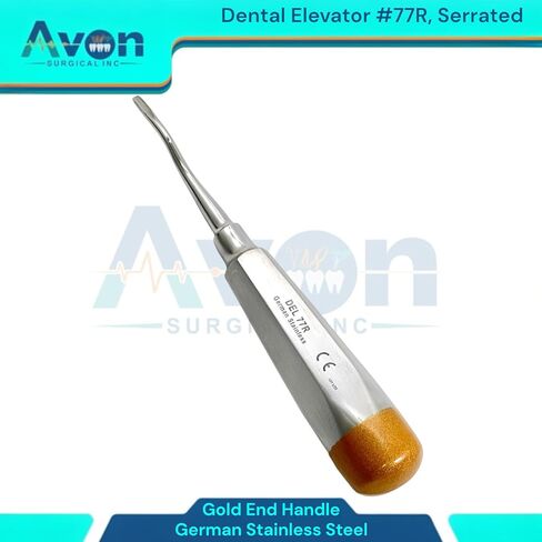 قطعة واحدة - رافعات لاستخراج جذر الأسنان، طرف مسنن ذو إزاحة طفيفة، مقبض مجوف ذو نهاية ذهبية - أدوات طب الأسنان المريحة والآمنة للأوتوكلاف (رقم 77R) in Kuwait