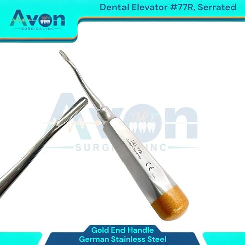 قطعة واحدة - رافعات لاستخراج جذر الأسنان، طرف مسنن ذو إزاحة طفيفة، مقبض مجوف ذو نهاية ذهبية - أدوات طب الأسنان المريحة والآمنة للأوتوكلاف (رقم 77R) in Kuwait