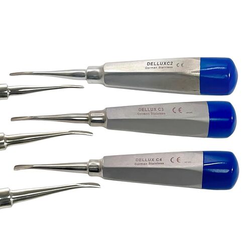 مجموعة من 3 قطع من المصاعد القمية الفاخرة بأطراف منحنية، مقبض مجوف مرمز بالألوان - أدوات طب الأسنان الألمانية المصنوعة من الفولاذ المقاوم للصدأ (2 مم + 3 مم + 4 مم (أزرق)) in Kuwait