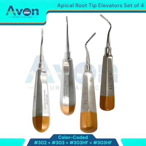 مجموعة مكونة من 4 قطع من مصعد استخلاص الأسنان رقم 302، #303، #302HF، #303HF - مستقيم، أوفست، بزاوية يسار ويمين - أدوات طب الأسنان الألمانية المصنوعة من الفولاذ المقاوم للصدأ in Kuwait