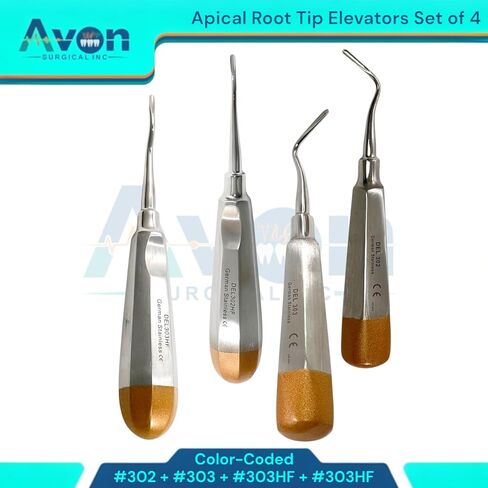 مجموعة مكونة من 4 قطع من مصعد استخلاص الأسنان رقم 302، #303، #302HF، #303HF - مستقيم، أوفست، بزاوية يسار ويمين - أدوات طب الأسنان الألمانية المصنوعة من الفولاذ المقاوم للصدأ in Kuwait