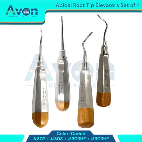 مجموعة مكونة من 4 قطع من مصعد استخلاص الأسنان رقم 302، #303، #302HF، #303HF - مستقيم، أوفست، بزاوية يسار ويمين - أدوات طب الأسنان الألمانية المصنوعة من الفولاذ المقاوم للصدأ in Kuwait