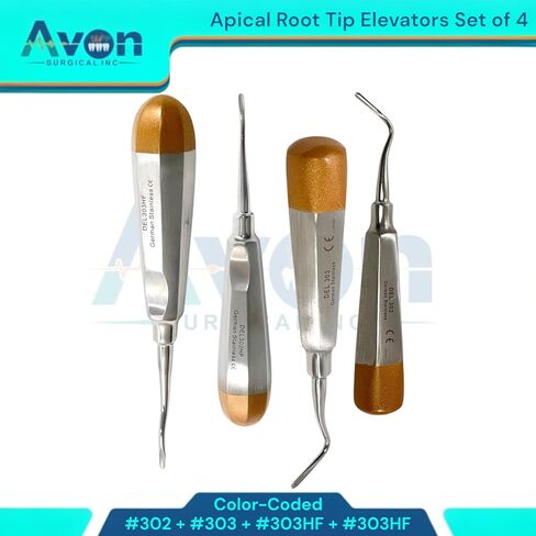 مجموعة مكونة من 4 قطع من مصعد استخلاص الأسنان رقم 302، #303، #302HF، #303HF - مستقيم، أوفست، بزاوية يسار ويمين - أدوات طب الأسنان الألمانية المصنوعة من الفولاذ المقاوم للصدأ in Kuwait