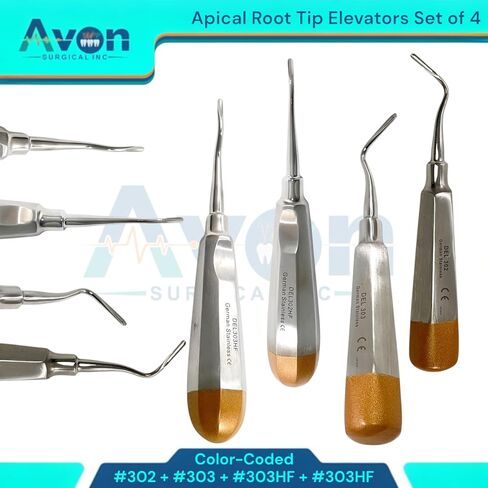 مجموعة مكونة من 4 قطع من مصعد استخلاص الأسنان رقم 302، #303، #302HF، #303HF - مستقيم، أوفست، بزاوية يسار ويمين - أدوات طب الأسنان الألمانية المصنوعة من الفولاذ المقاوم للصدأ in Kuwait