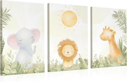مجموعة KEMINA BLANKETS Safari لحضانة الحائط الفنية مكونة من 3 - 12 × 16 مطبوعات قماشية لحيوانات محايدة (فيل، أسد، زرافة)، مطبوعة من عمل فني أصلي مصور يدويًا، ديكور غرفة الطفل جاهز للتعليق in Kuwait