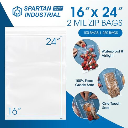 Spartan Industrial - 16" X 24" (100 Count) 2 Mil Clear Reclosable Zip Plastic Poly Bags with Resealable Lock Seal Zipper in Saudi Arabia