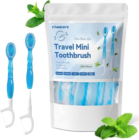 فرشاة أسنان للسفر من فاميلايف - فرشاة أسنان صغيرة 5 في 1 للاستعمال مرة واحدة مع معجون أسنان وخيط تنظيف الأسنان ومكشطة اللسان، مغلفة بشكل فردي لعطلة نهاية الأسبوع ورحلة العمل والتخييم (نعناع، ​​24 قطعة) in Kuwait