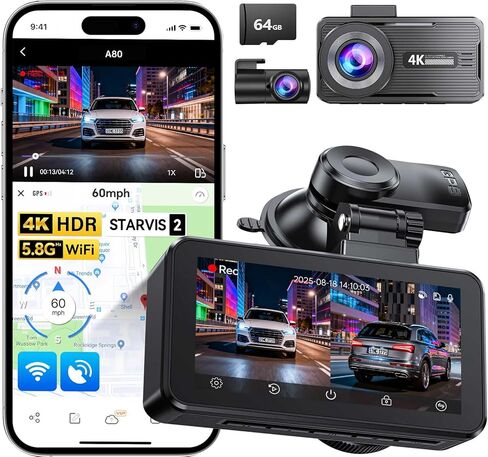 Jomise A80 4K DASH CAM الأمامي والخلفي مع شاشة تعمل باللمس ، وبطاقة 64 جيجابايت ، و WIFI GPS و 5.8 جيجا هرتز ، والرؤية الليلية المحسّنة ، ووضع وقوف السيارات ، والزر واللمس ، ودعم 256 جيجابايت كحد أقصى in Kuwait