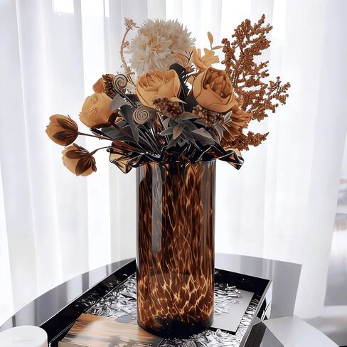 Large Leopard Amber Glass Vase, Luxe 11.8" Brown Decorative Centerpiece, Translucent Vintage Tortoise Shell Vase for Pampas Grass, Boho Modern Farmhouse Home Decor in Saudi Arabia