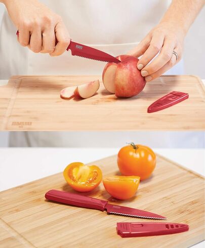 سكين تقشير مسننة غير لاصقة من كون ريكون كولوري مع غمد أمان، شفرة 4 بوصة/10.16 سم، أخضر in Kuwait