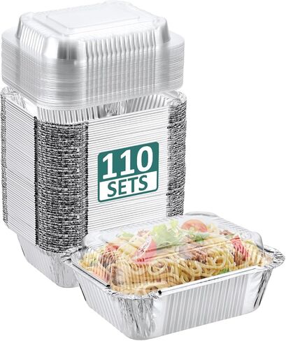 NEEBAKE 110 عبوة 5 × 4 مقالي ألومنيوم صغيرة يمكن التخلص منها مع أغطية قبة - 1 رطل - مقالي صغيرة من الألومنيوم - رقائق القصدير - صواني تناول الطعام في الخارج - حاويات الطعام - للوجبات - الإعدادية - الطبخ - التحميص - التسخين - الخبز in Kuwait