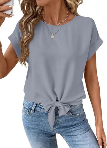 EVALESS Womens Bow Knot Hem Short Sleeve Blouses Dressy Casual Summer Crewneck T Shirts Going Out Tops in Saudi Arabia
