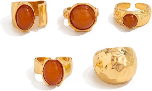 Chunky Gold And Red Stone Rings Set for Women Non Tarnish Thick Big Statement Adjustable Exaggerated Fake Gemstone Knuckle Ring Pack Western Costume Jewelry in Saudi Arabia