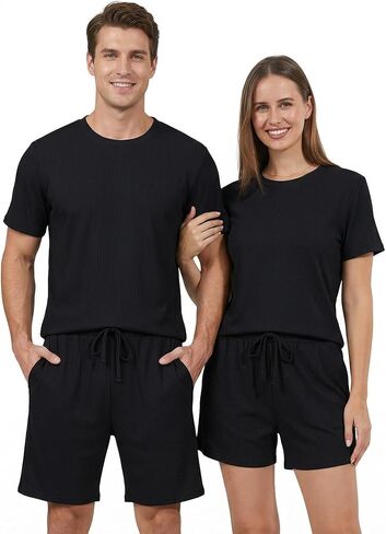 Matching Pajamas for Couples,Pajama Set for Women and Men Short Sleeve Cool Soft Pjs Shirt Shorts Sleepwear Set in Kuwait
