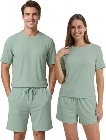 Matching Pajamas for Couples,Pajama Set for Women and Men Short Sleeve Cool Soft Pjs Shirt Shorts Sleepwear Set in Kuwait