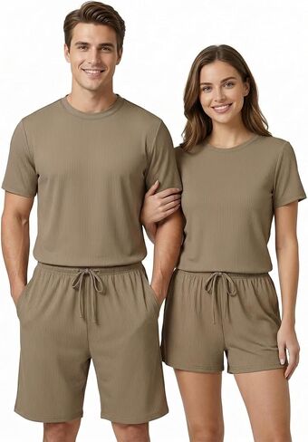 Matching Pajamas for Couples,Pajama Set for Women and Men Short Sleeve Cool Soft Pjs Shirt Shorts Sleepwear Set in Kuwait