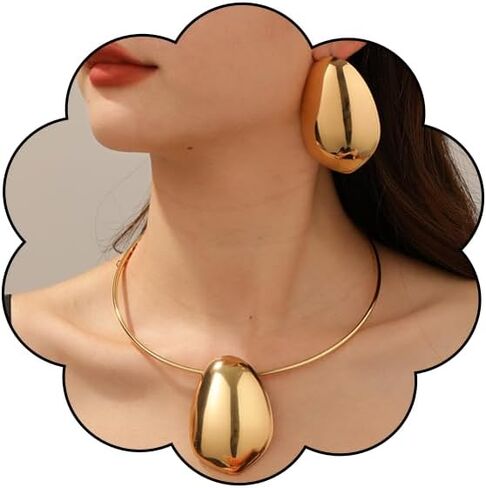 Gold Statement Necklace and Earring Set for Women Geometric Asymmetrical Hammered Extra Long Pendant Necklace Jewelry Set in Saudi Arabia