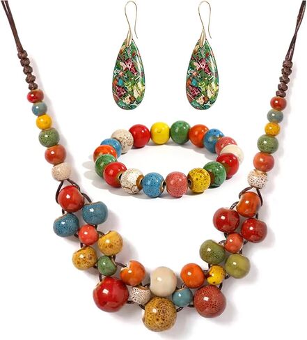KURTCB Boho Hippie Ceramic Beaded Necklace Bracelet for Women Thanksgiving Fall Autumn Jewelry Statement Chunky Bohemian Colorful Beads Strand Necklace Bracelet in Saudi Arabia