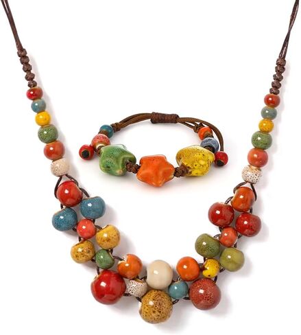 KURTCB Boho Hippie Ceramic Beaded Necklace Bracelet for Women Thanksgiving Fall Autumn Jewelry Statement Chunky Bohemian Colorful Beads Strand Necklace Bracelet in Saudi Arabia